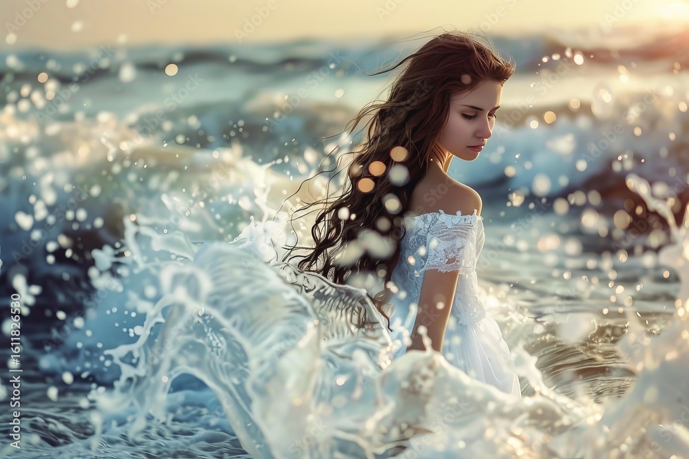 Obraz premium Bride wearing white wedding dress is being splashed by ocean waves at sunset
