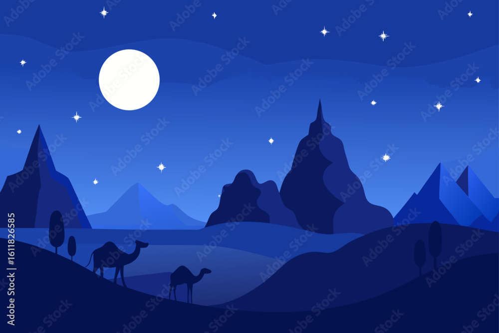 Naklejka premium Two camels silhouetted against a starry desert night sky with a full moon