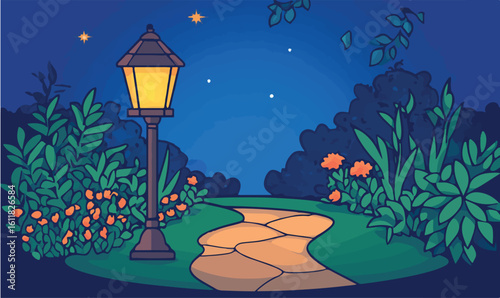 Enchanting garden path illuminated by a glowing lantern under a starry night sky