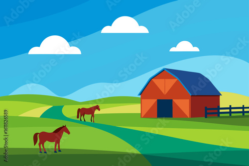 Two horses grazing in a green field near a red barn under a blue sky with clouds