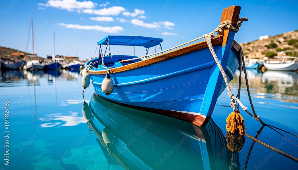 Obraz premium Blue boat in calm harbor waters