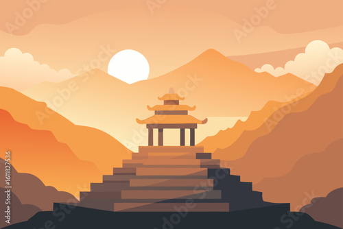 Serene asian pagoda on a staircase amidst mountainous landscape at sunset
