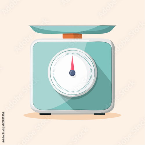 Retro teal kitchen weighing scale with an analog dial red pointer and long shadow in a flat design style.