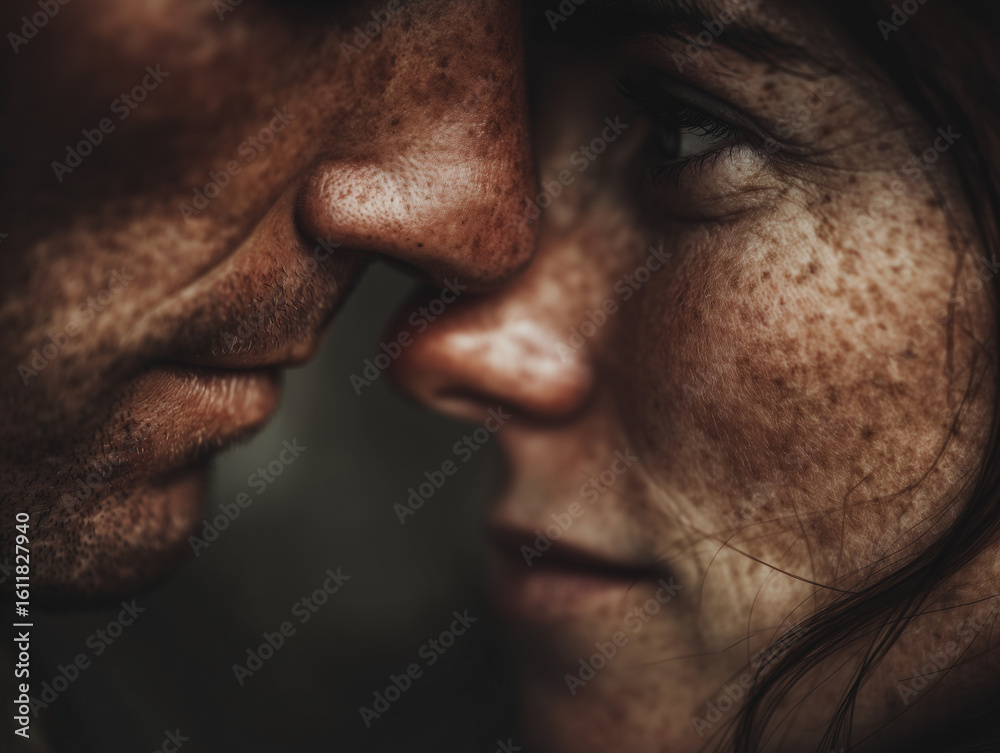 A photo that is a close up of a man and woman almost kissing, you can see their lips almost touching A photo that is a close up of a man and woman almost kissing, you can see their lips almost touching