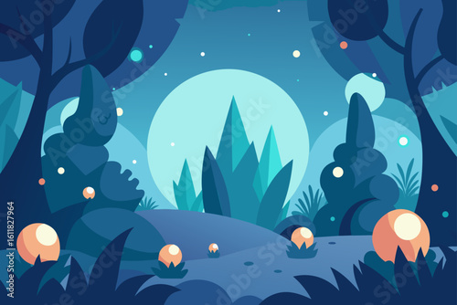 Enchanting night forest scene with glowing orbs and a large moon