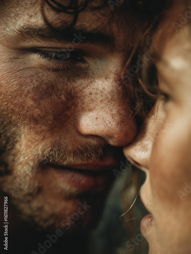 A photo that is a close up of a man and woman almost kissing, you can see their lips almost touching