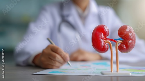 Anatomical Model of Human Kidneys with Doctor in Background