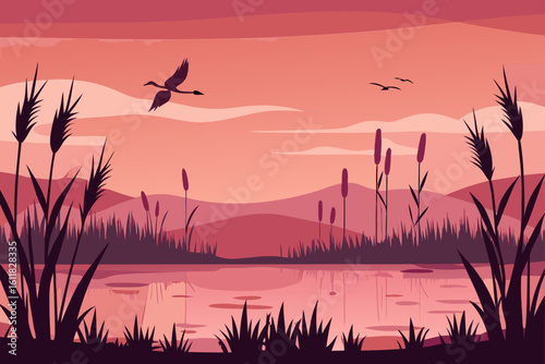 Serene sunset over a tranquil lake with reeds and flying birds