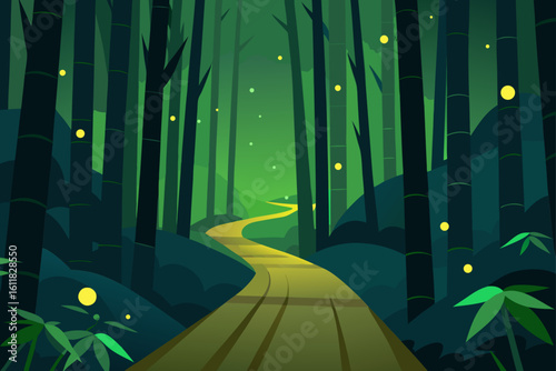 Enchanting bamboo forest path illuminated by glowing fireflies at twilight
