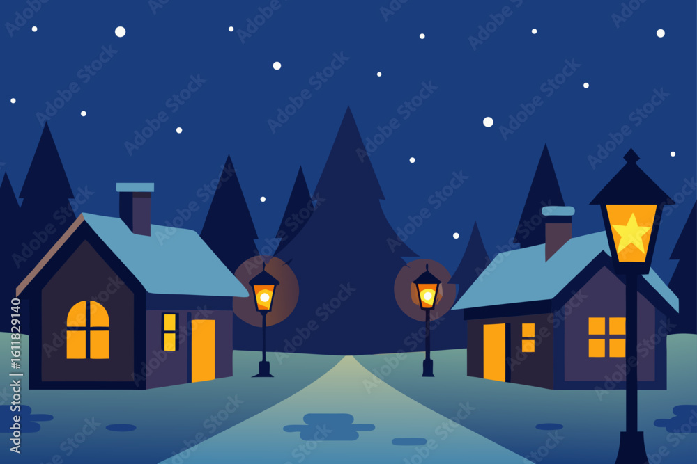 Fototapeta premium Cozy winter village scene with snow covered houses and glowing street lamps at night