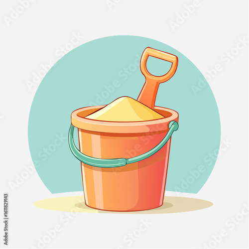 Colorful cartoon sand pail with a green handle filled with yellow sand and an orange shovel.