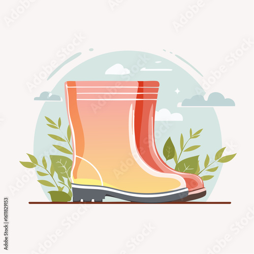 A pair of stylish red and white rubber rain boots with a yellow heel patch and dark grey treaded sole.