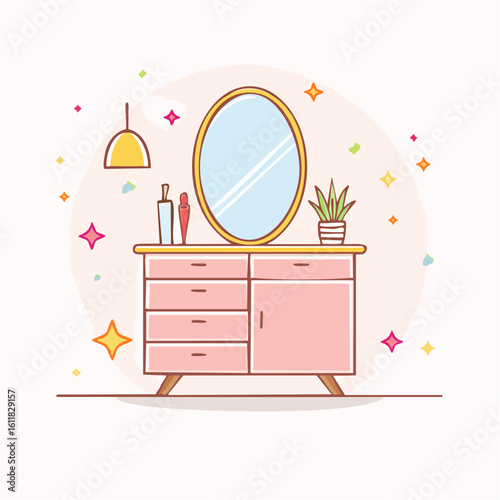 Cute cartoon illustration of a pink vanity table with an oval mirror cosmetics a potted plant and a hanging lamp.