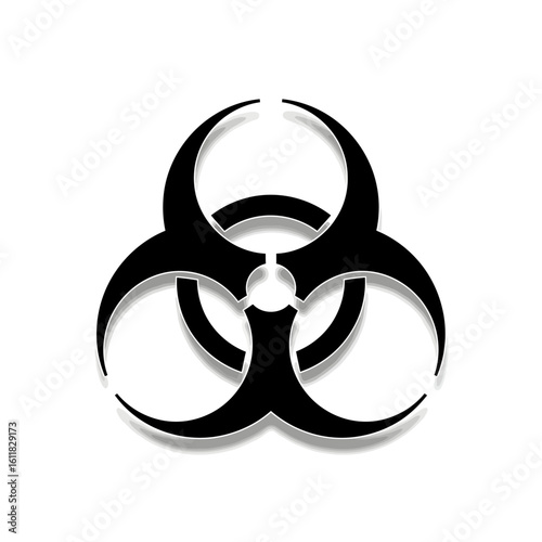 A stark black biohazard symbol rendered in 3D, casting a subtle shadow against a clean white background, representing danger and biological risk.