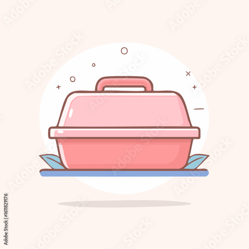 Cute pink rectangular casserole dish with a lid and handle A charming cartoon kitchenware illustration.