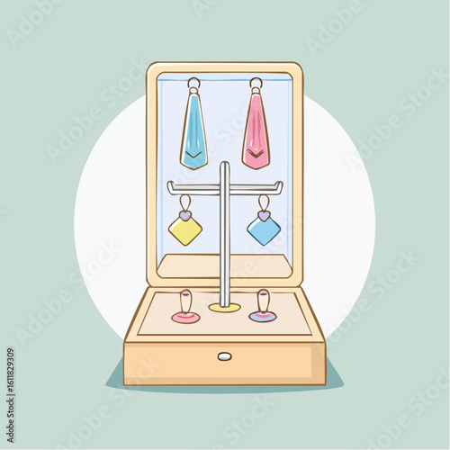 Illustrated wooden jewelry box displaying a collection of colorful pastel earrings and cufflinks.