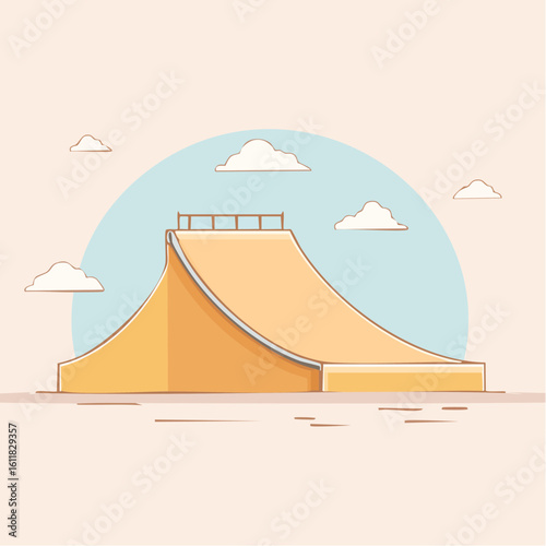 Cartoon half-pipe skate ramp with a top platform and railing Vector illustration for extreme sports.