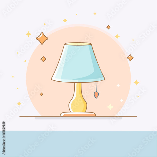 Cute glowing table lamp with a light blue lampshade and yellow base illustrated in a simple cartoon style.
