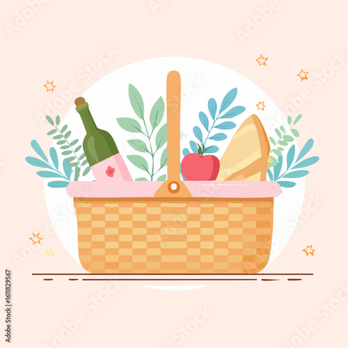Woven picnic basket illustration filled with a wine bottle cheese wedge red apple and decorative foliage.