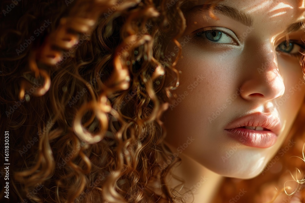 Fototapeta premium Beautiful model with long, thick, curly red hair and blue eyes posing in soft sunlight