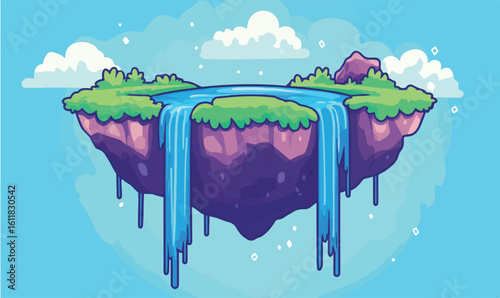 Magical floating island with cascading waterfall creates serene fantasy landscape for adventure and dreams