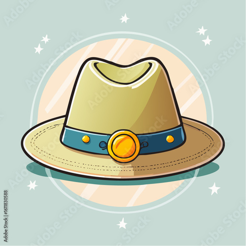 Stylish cartoon fedora hat with a white crown wide brim and a blue band featuring a prominent shiny golden buckle.