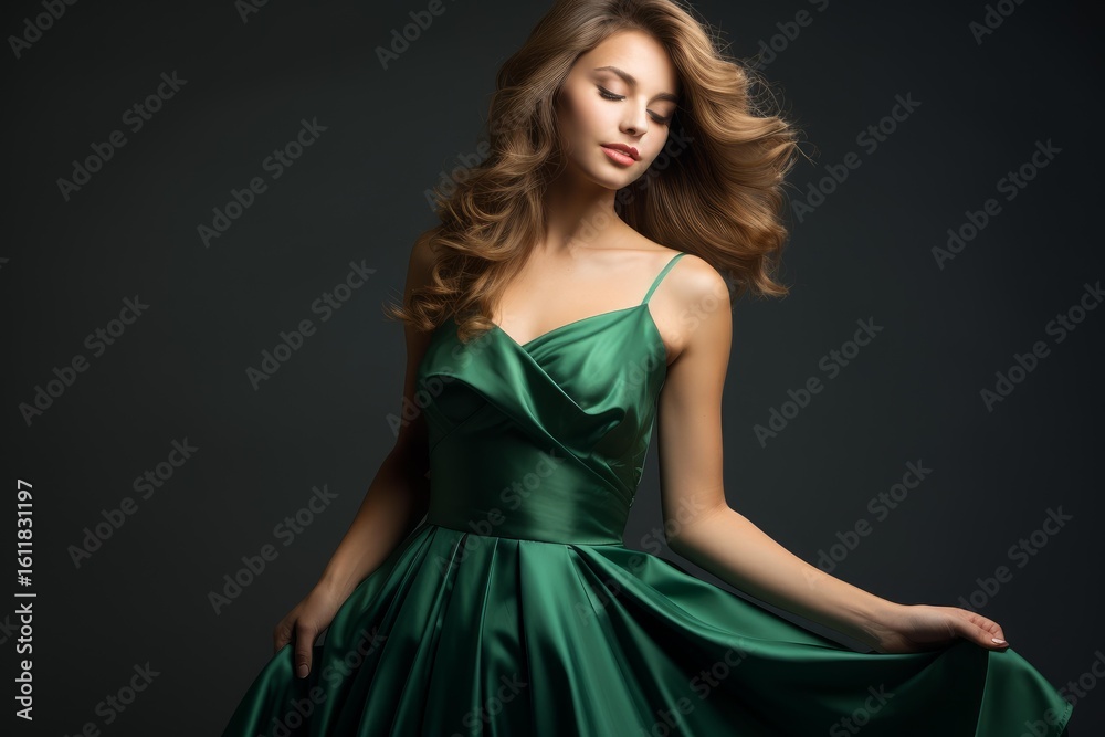 Obraz premium Fashion portrait of beautiful young woman with long wavy hair wearing elegant long green satin dress posing on dark background