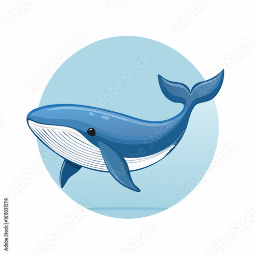 Stylized depiction of a blue whale swimming gracefully within a circle backdrop