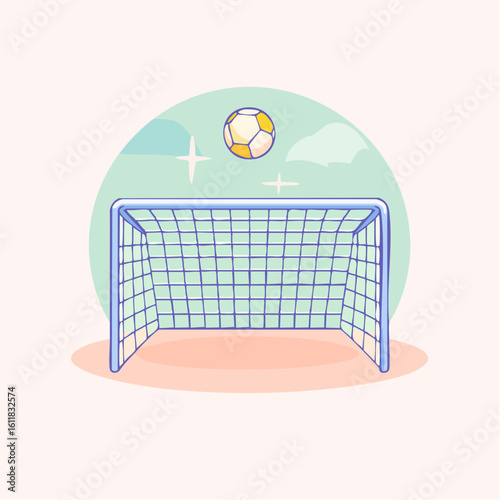 Stylized blue soccer goal with a yellow and white ball poised for a score.