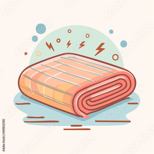 Stylized illustration of a folded pink and orange electric blanket with blue stripes.
