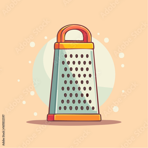 Stylized cartoon box grater with a colorful orange handle and perforated metal surface.