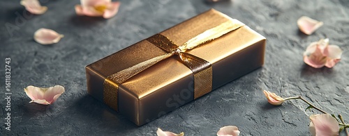 Elegant Gift Box Surrounded by Delicate Flower Petals on Table, A beautifully wrapped gift box in a luxurious brown finish, adorned with a golden ribbon. Surrounded by delicate flower petals,