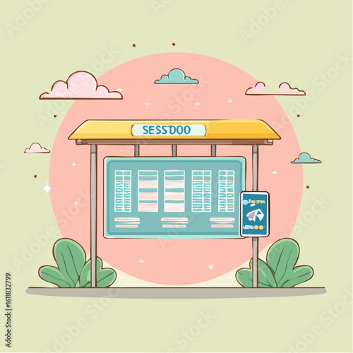 A cute cartoon bus stop illustration with a yellow roof schedule board and signpost.