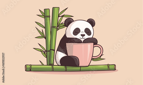 Adorable panda embraces a pink mug nestled among lush bamboo stalks, exuding peacefulness and charm.