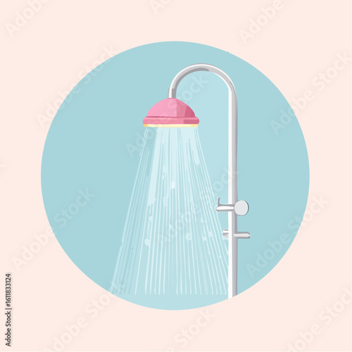 Stylish pink and chrome shower fixture with running water spray Flat vector illustration of a modern bathroom appliance.