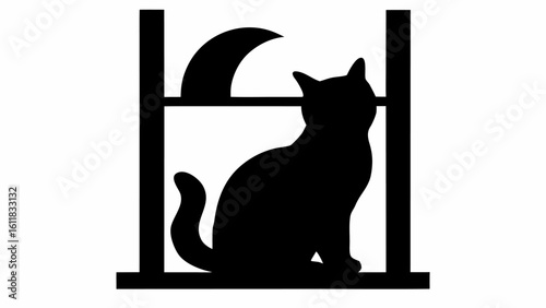 Silhouette of a cat sitting on a window sill looking at a crescent moon in the night sky outside scene