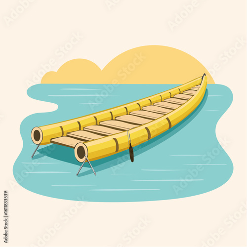 Illustrated long yellow bamboo raft with a wooden plank deck and a single oar.