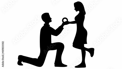 Silhouette of a man proposing with a ring to a woman standing on one leg in a romantic gesture scene