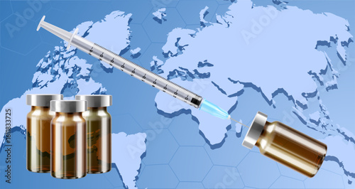 Bottle for injection and Syringe. Coronavirus Vaccine, Botox, Filler, Hyaluronic Acid. Drug Ampoule Design Template. Medical glass vial. Realistic 3d vector illustration on the background of the map