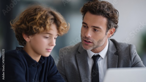 Professional Man Mentoring Young Boy in Modern Office Environment