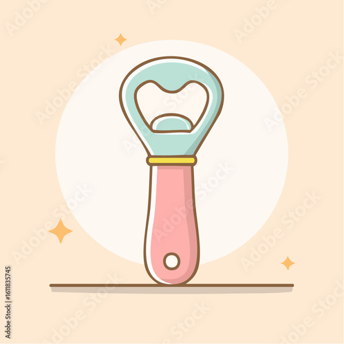 Cute cartoon bottle opener with a pink handle light blue metal head and yellow band in a flat kawaii style.