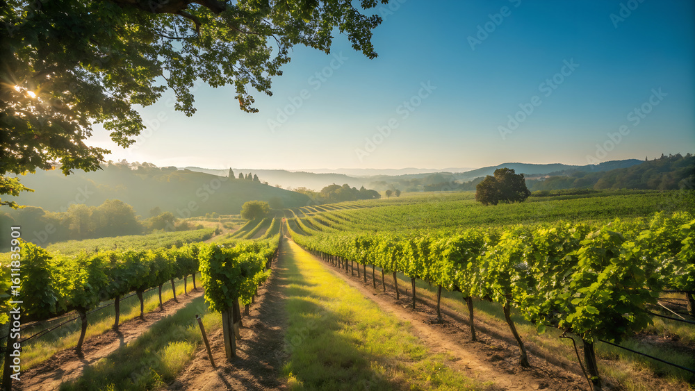 Naklejka premium Rolling tuscan hills covered in lush green vineyards at sunrise