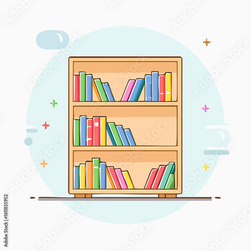 Cartoon wooden bookcase with three shelves filled with colorful vibrant books in a flat line art style.