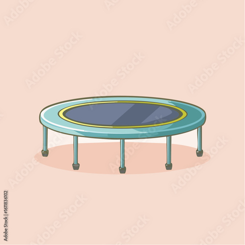 A round blue recreational trampoline with a yellow border depicted in a simple cartoon style.