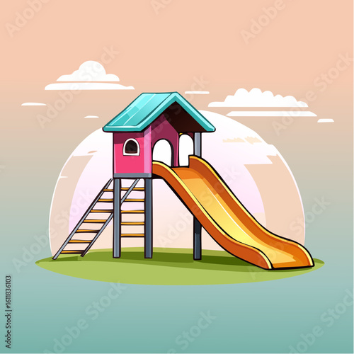Colorful childrens playground slide with a pink playhouse turquoise roof and orange chute illustrated in a cartoon style.