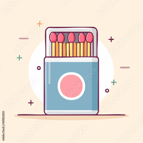 Open blue matchbox with pink-tipped wooden matches in a flat cartoon illustration style.