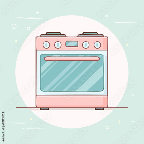 Cute cartoon illustration of a retro pink kitchen stove with a blue glass oven door and two burners.