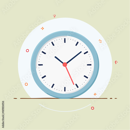 Simple round wall clock illustration with a light blue frame dark hands and a red second hand.