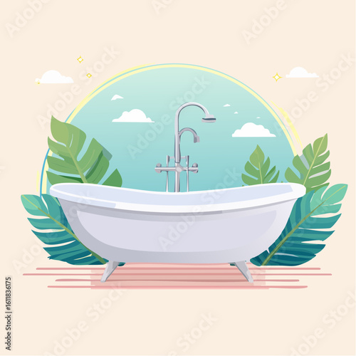 Elegant white freestanding bathtub with a chrome faucet surrounded by lush green tropical monstera leaves.