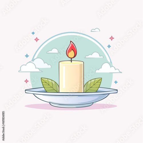 A cute cartoon illustration of a lit white pillar candle on a saucer adorned with two green leaves.